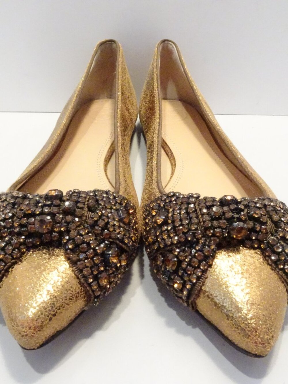 Tory Burch Crystal Bow Flats Size 7 Ballet Shoes Designer Bronze Pointed Toe